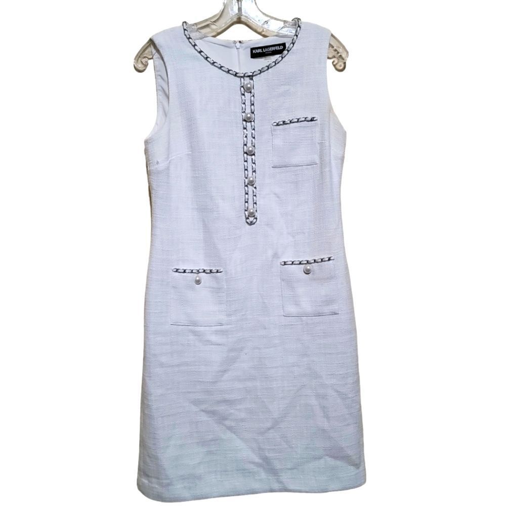 Karl Lagerfeld Paris Women's White Dress with Pearl and Silver Chain detail Sz 4